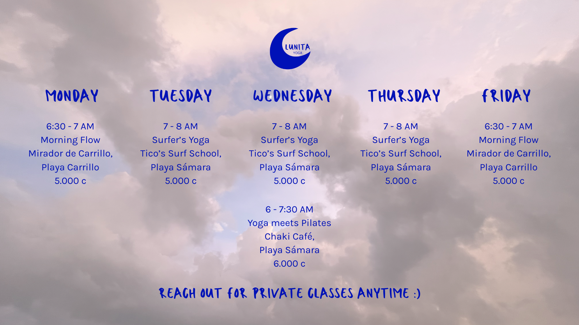 Lunita Yoga Schedule